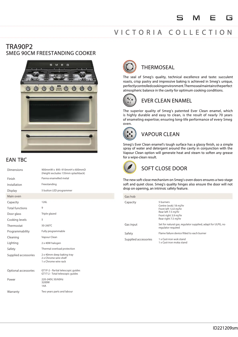 Page 1 de la notice Fiche technique Smeg TRA90