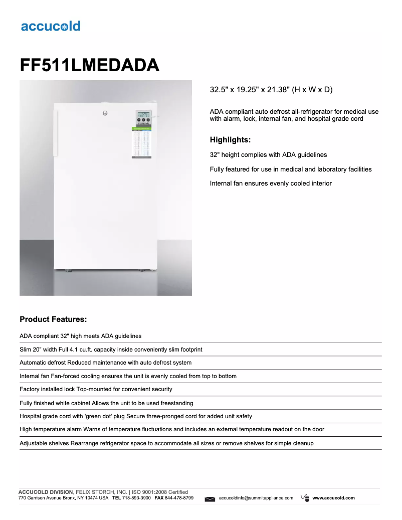 Page 1 de la notice Fiche technique Summit Accucold FF511LMEDADA