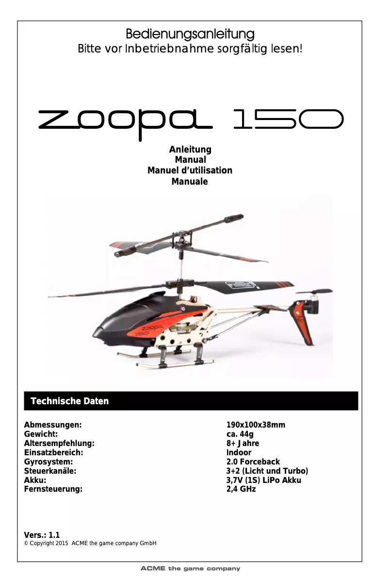 Image de la première page du manuel de l'appareil zoopa 150 Turbo Force Back