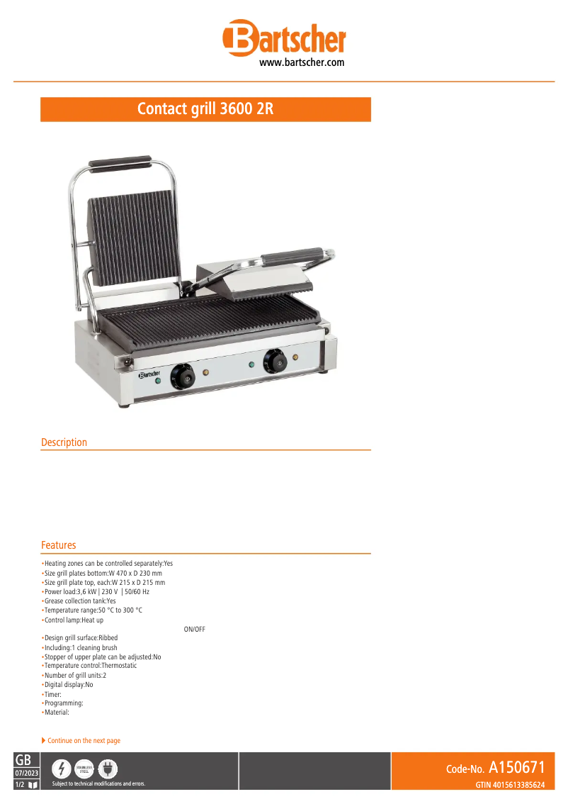 Page 1 de la notice Fiche technique Bartscher A150671