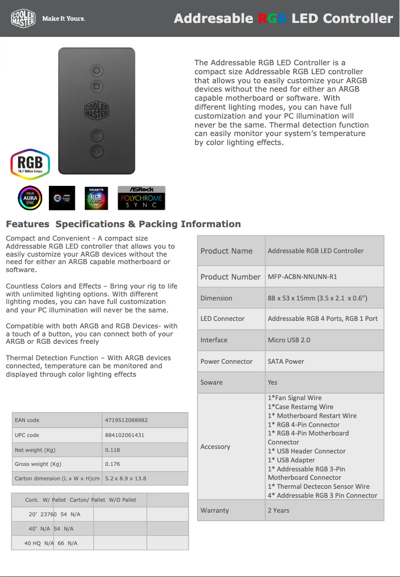 Page 1 de la notice Fiche technique Cooler Master RGB LED Controller