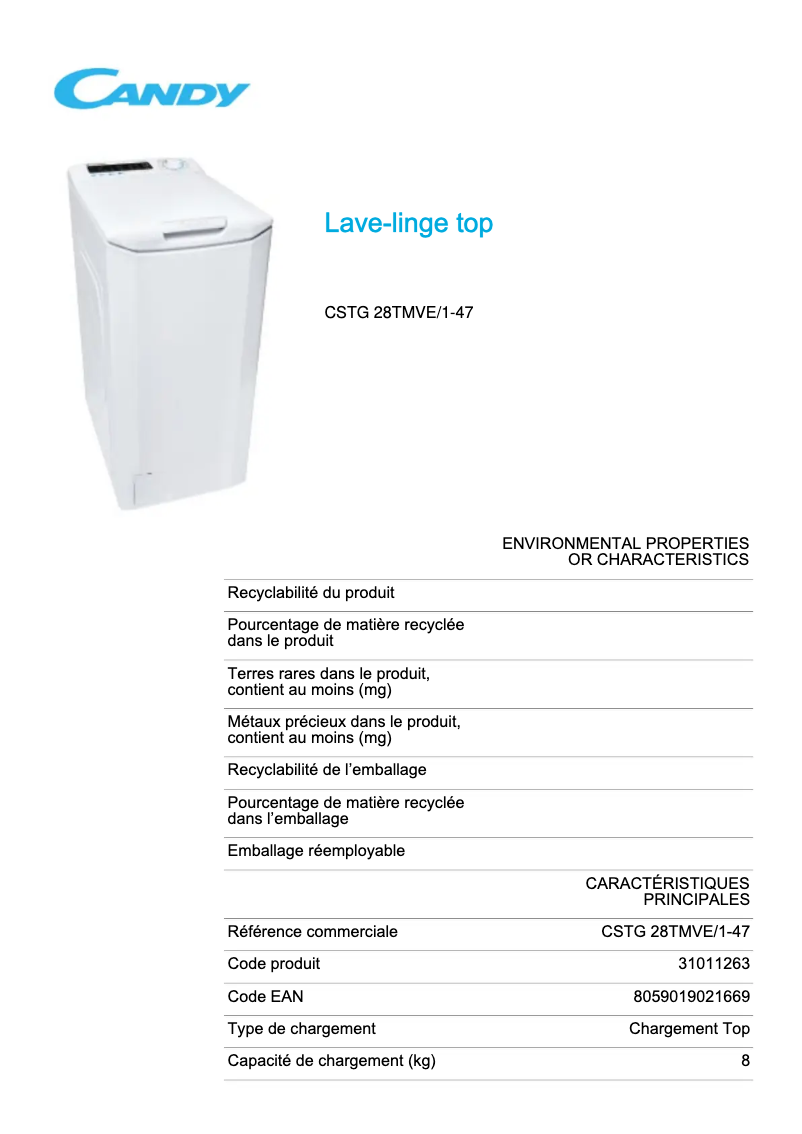 Page 1 de la notice Fiche technique Candy CSTG 28TMVE/1-47