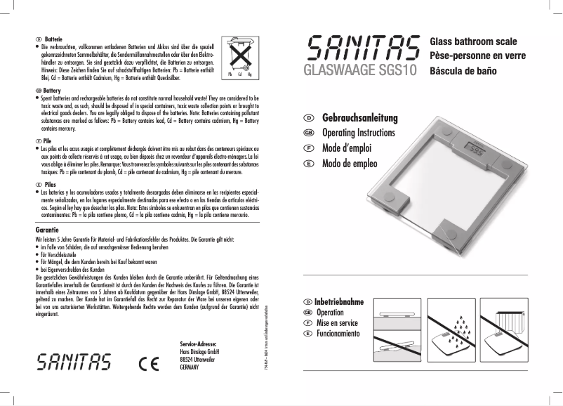 Page n°1 - Manuel utilisateur Sanitas SGS 10