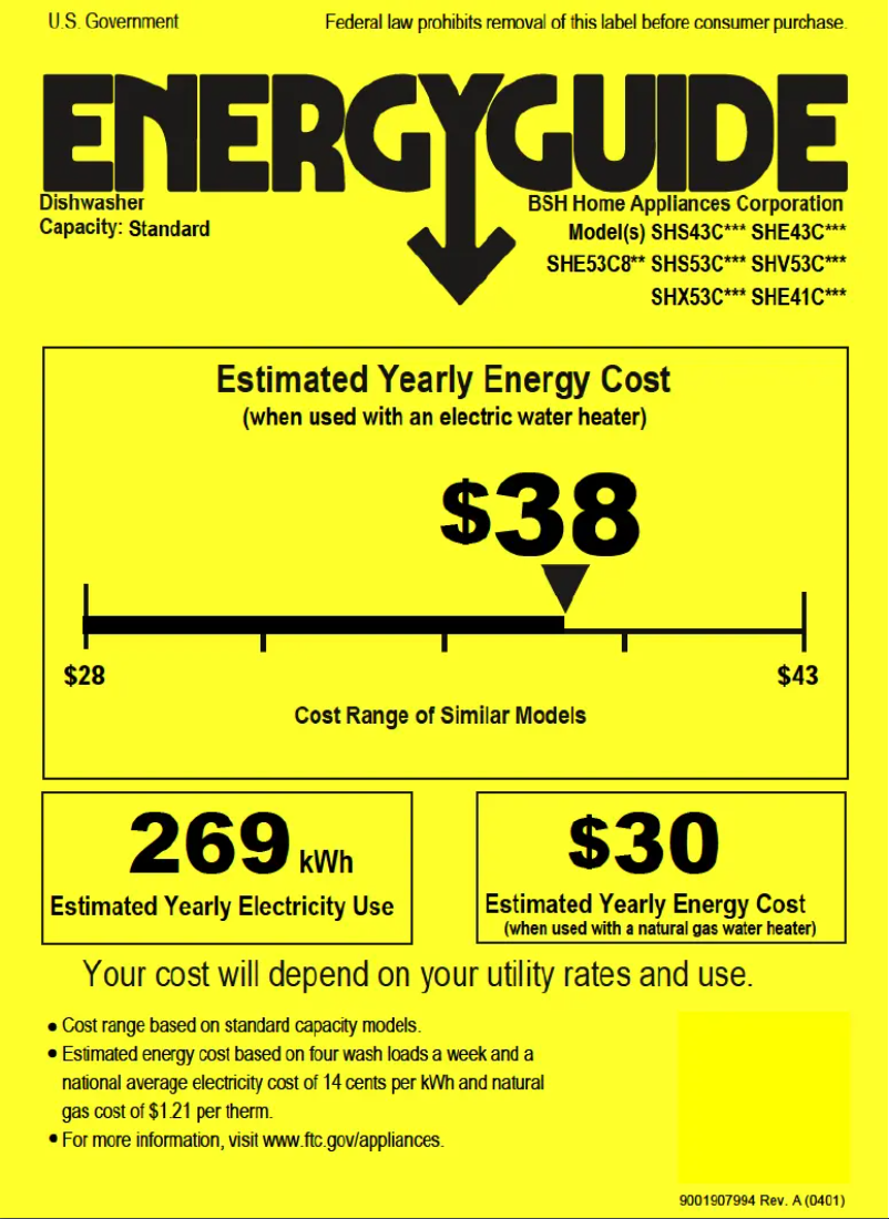 Page 1 de la notice Label énergétique Bosch SHE41CM5N