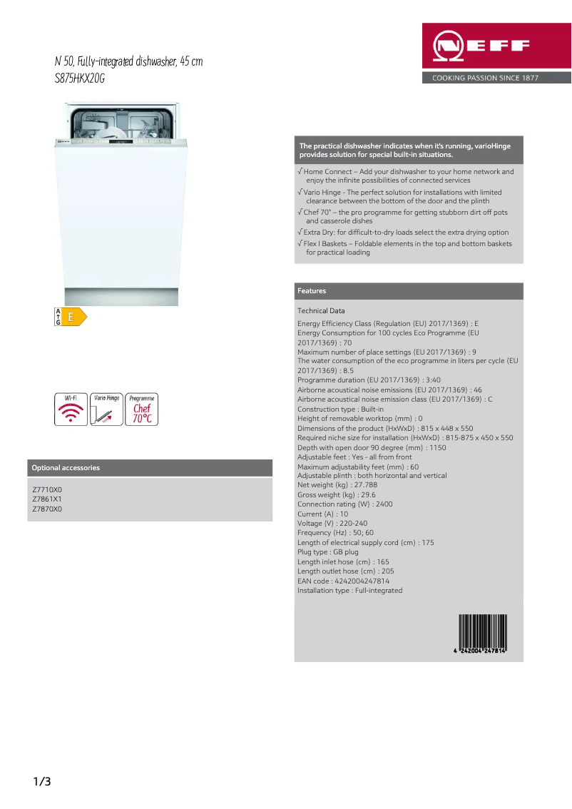 Page n°1 - Fiche technique Neff S875HKX20G