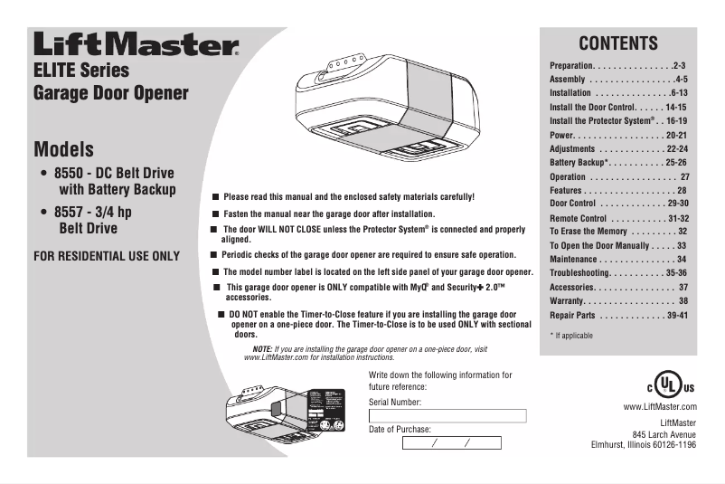 Page 1 of the manual User Manual LiftMaster 8557 Elite