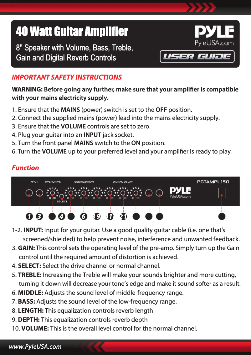 Page 1 de la notice Manuel utilisateur Pyle PGTAMPL150