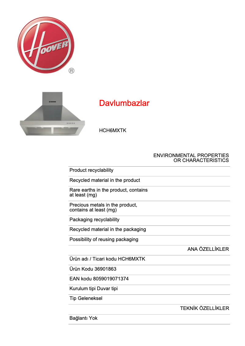 Page n°1 - Fiche technique Hoover HCH6MXTK