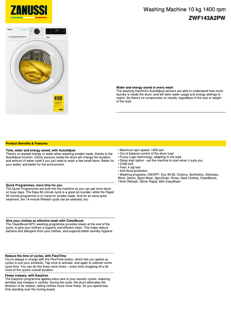 Image de la première page du manuel de l'appareil ZWF143A2PW