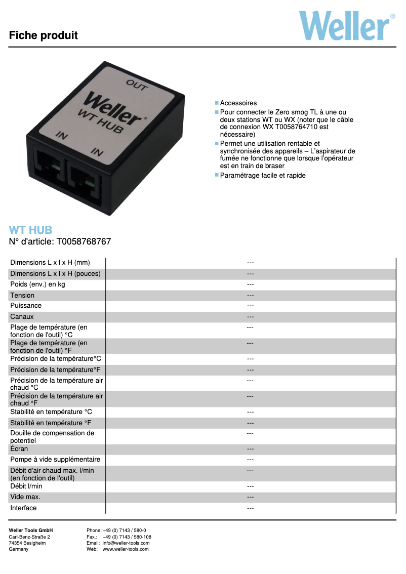 Page 1 de la notice Fiche technique Weller WT HUB