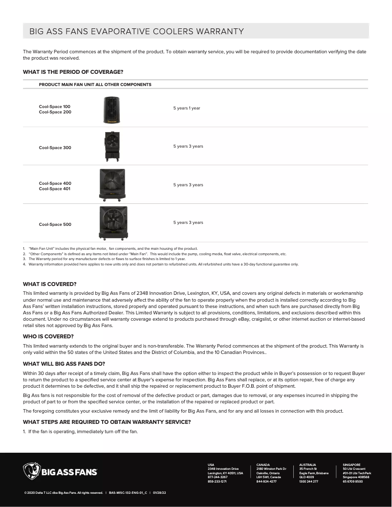 Page 1 de la notice Informations de garantie Big Ass Fans Cool-Space 200