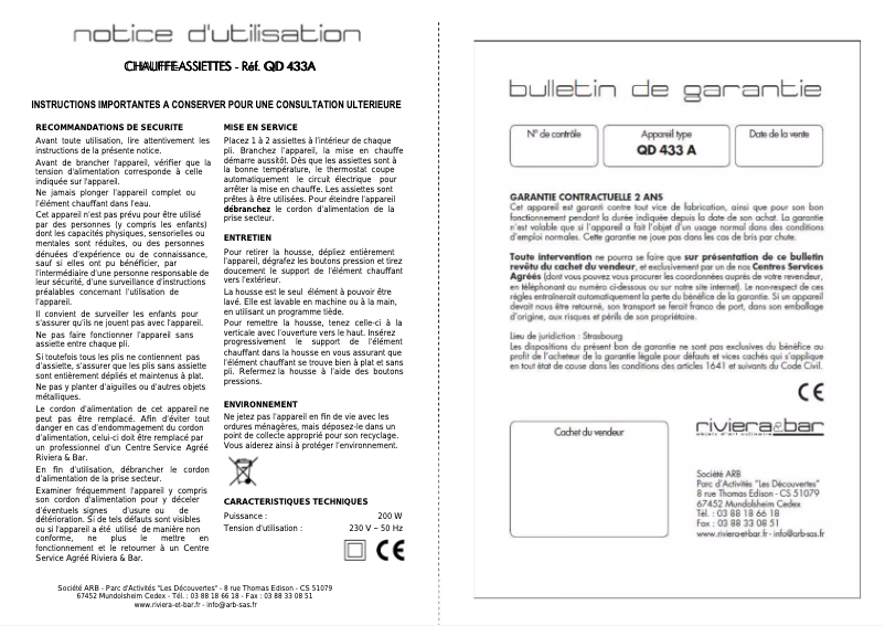 Page n°1 - Manuel utilisateur Riviera & Bar QD433A