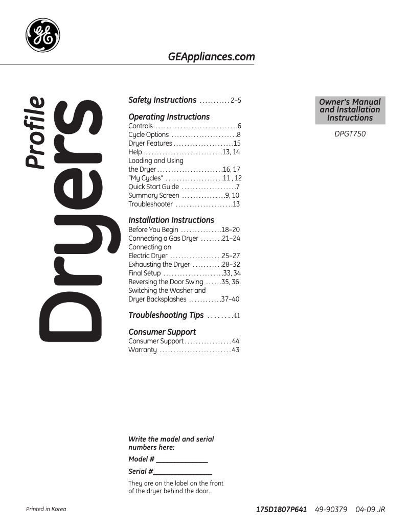 Page n°1 - Manuel d'utilisation et d'entretien GE Profile Harmony DPGT750ECPL