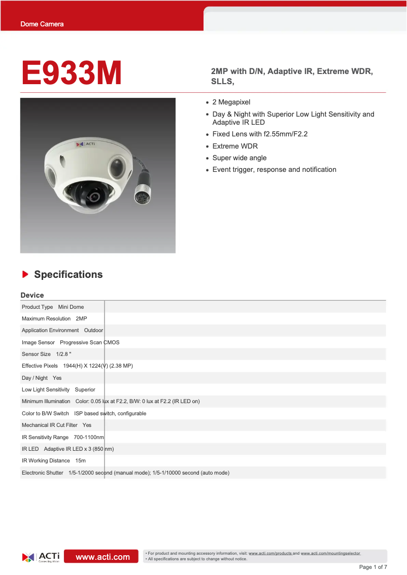 Page 1 de la notice Fiche technique ACTi E933M