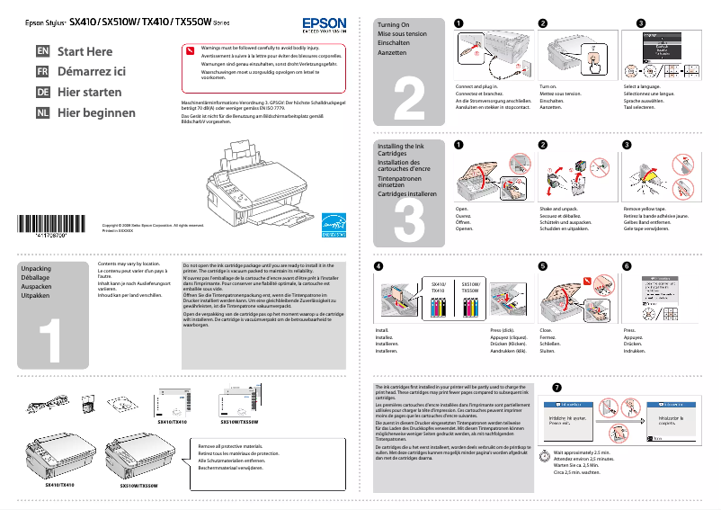 Page n°1 - Guide d'installation Epson Stylus SX410
