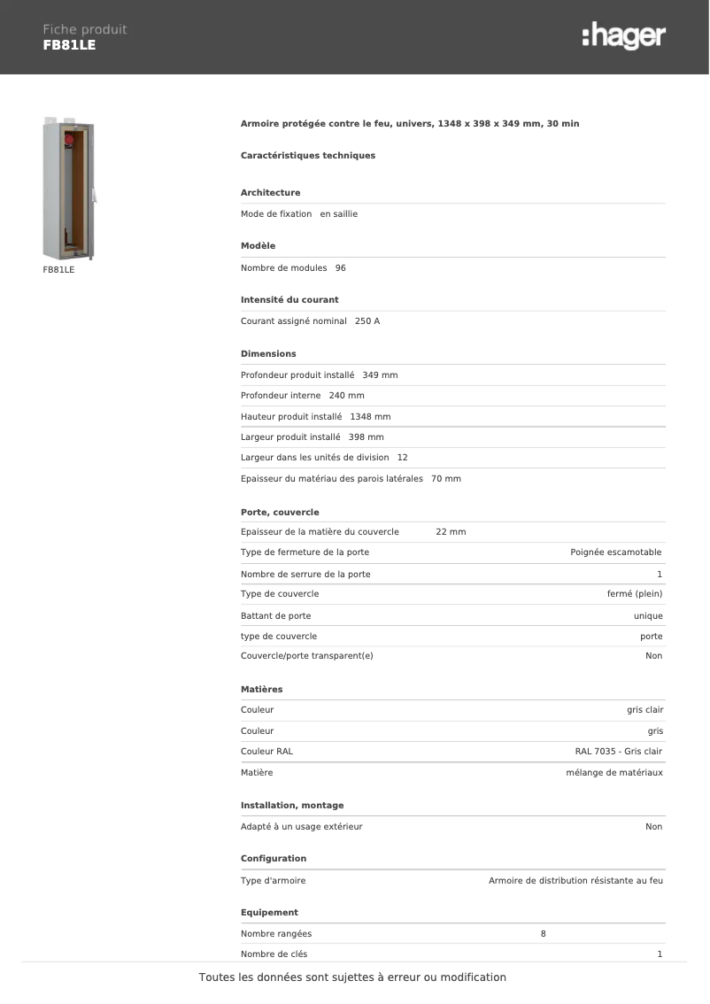 Page 1 de la notice Fiche technique Hager FB81LE