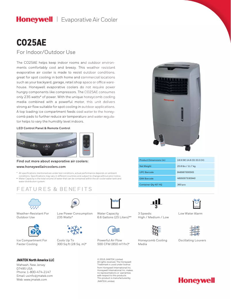 Page 1 de la notice Fiche technique Honeywell CO25AE