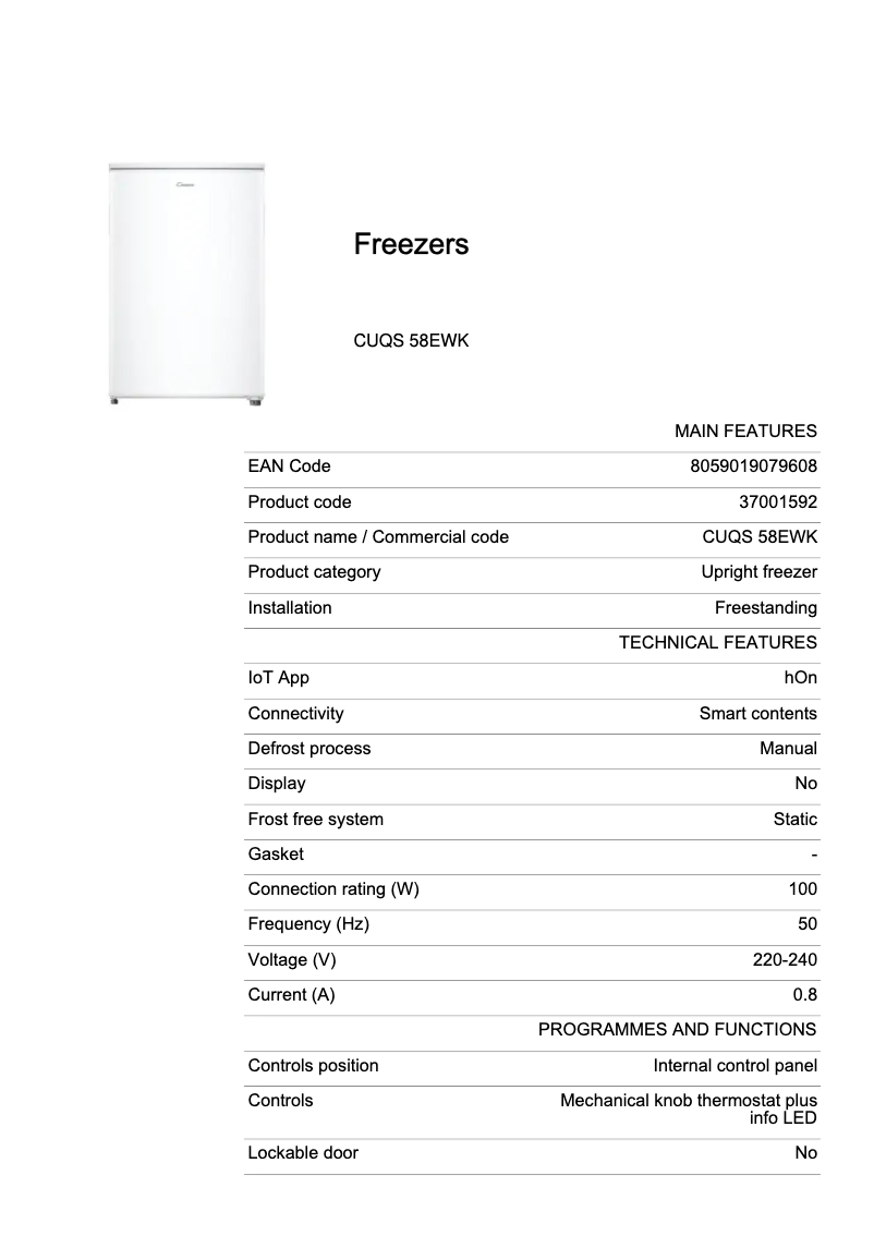 Page n°1 - Fiche technique Candy CUQS 58EWK