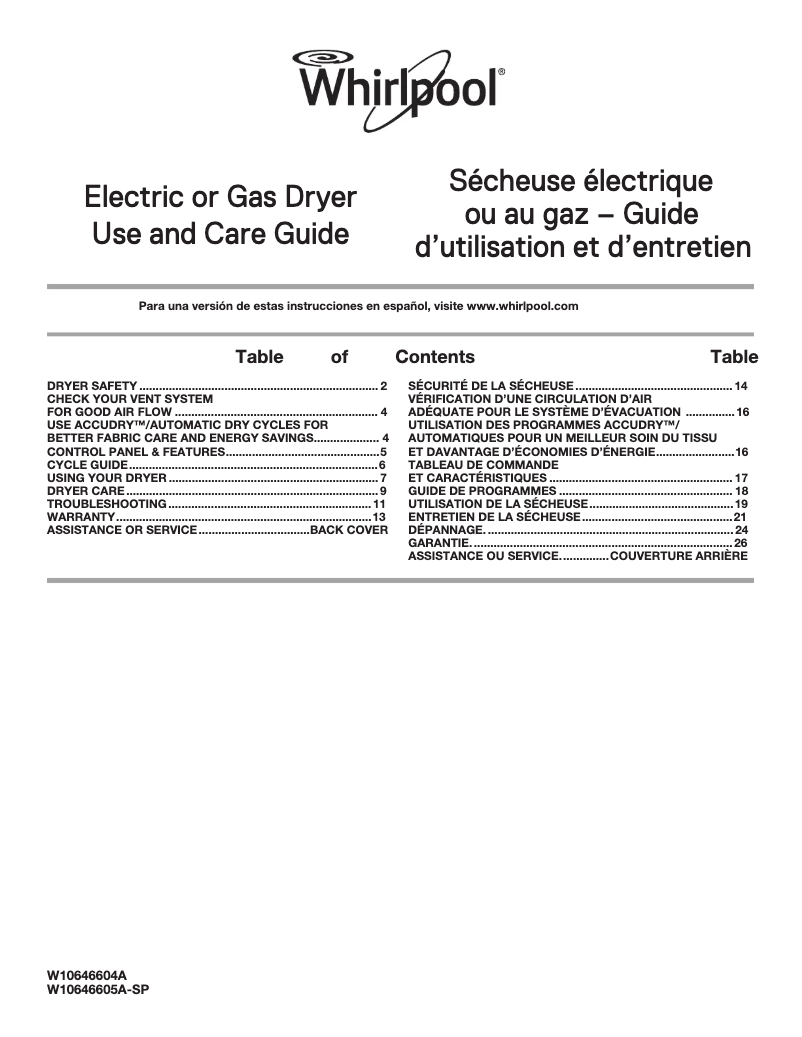 Page n°1 - Manuel d'utilisation et d'entretien Whirlpool WGD49STB