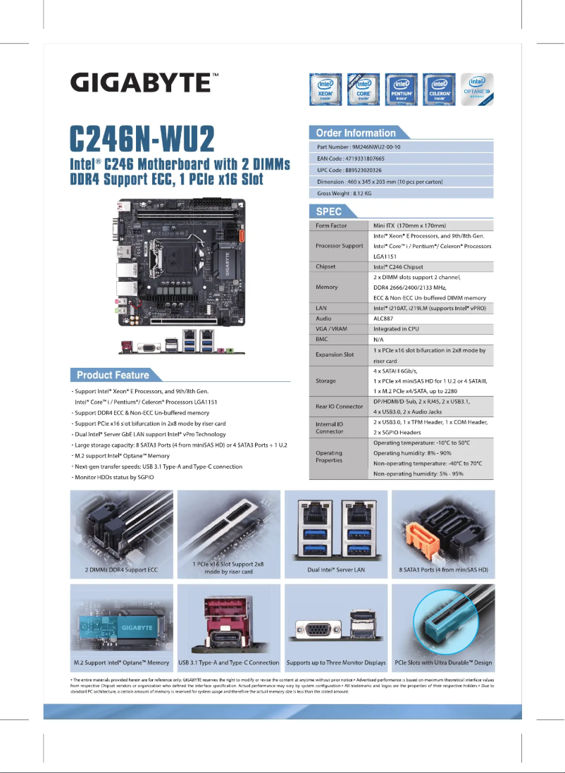 Página 1 del manual Ficha técnica Gigabyte C246N-WU2
