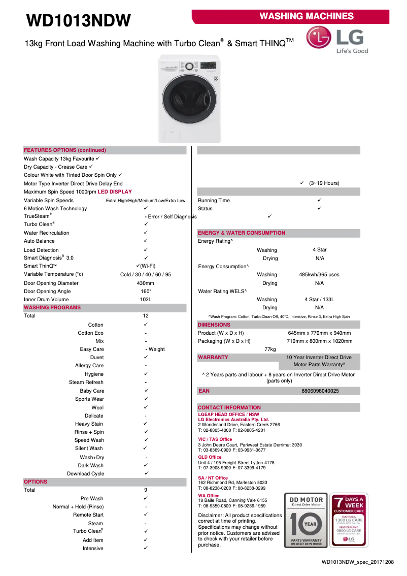 Page n°1 - Fiche technique LG WD1013NDW