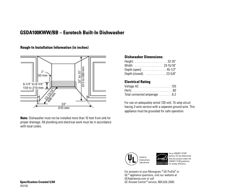 Page 1 de la notice Fiche technique Eurotech GSDA100KWW