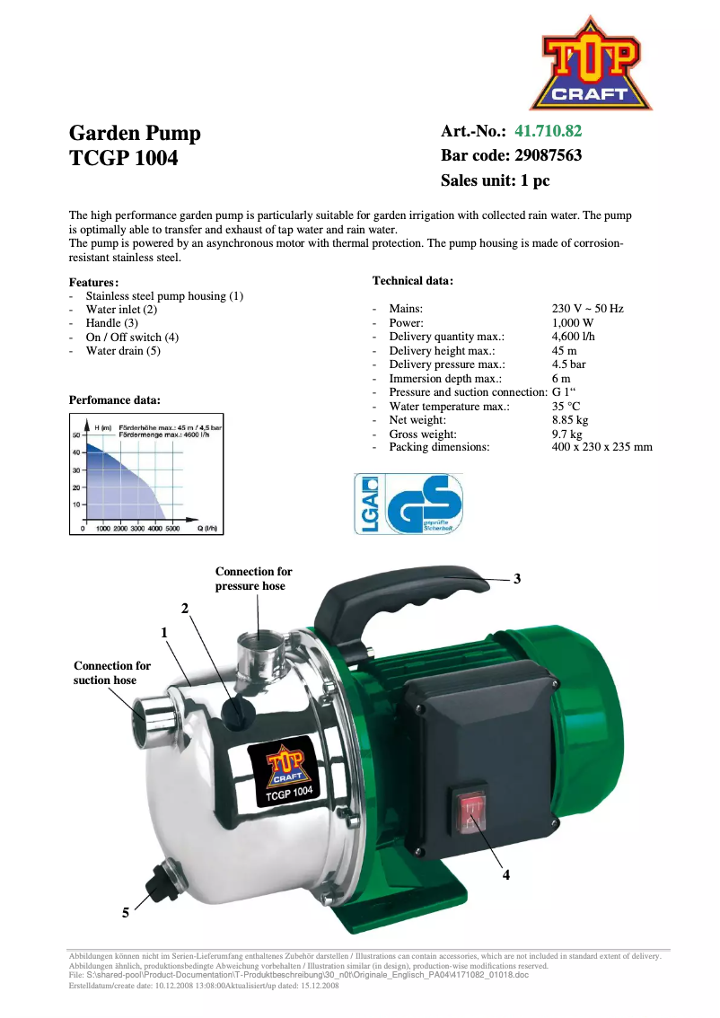 Page 1 of the manual User Manual Topcraft TCGP 1004