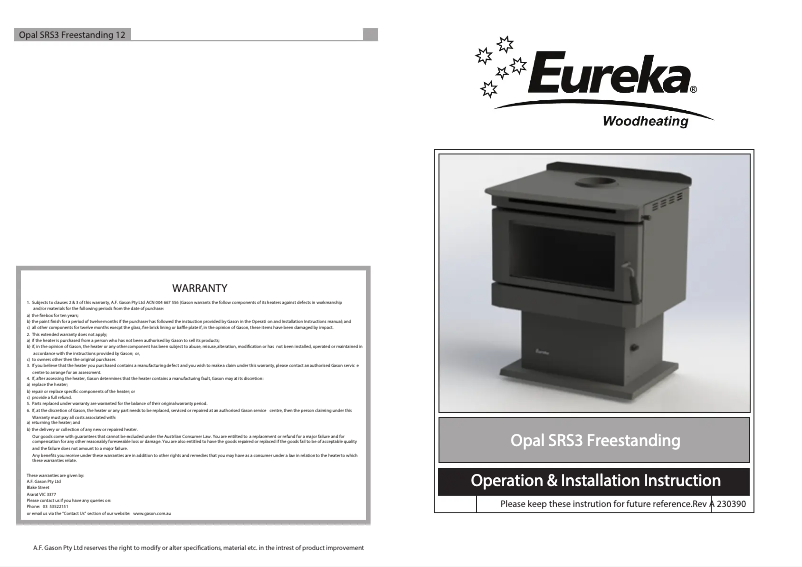 Page 1 de la notice Manuel utilisateur Eureka Opal SRS3 Freestanding