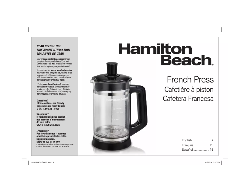 Page 1 de la notice Mode d'emploi Hamilton Beach French Press 40400R
