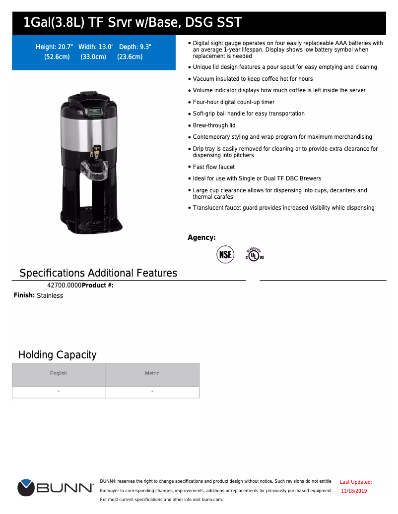 Page 1 de la notice Fiche technique Bunn ThermoFresh