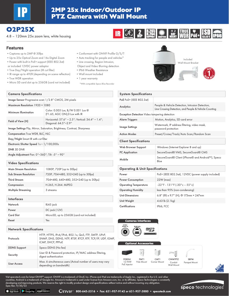 Page 1 de la notice Fiche technique Speco Technologies O2P25X