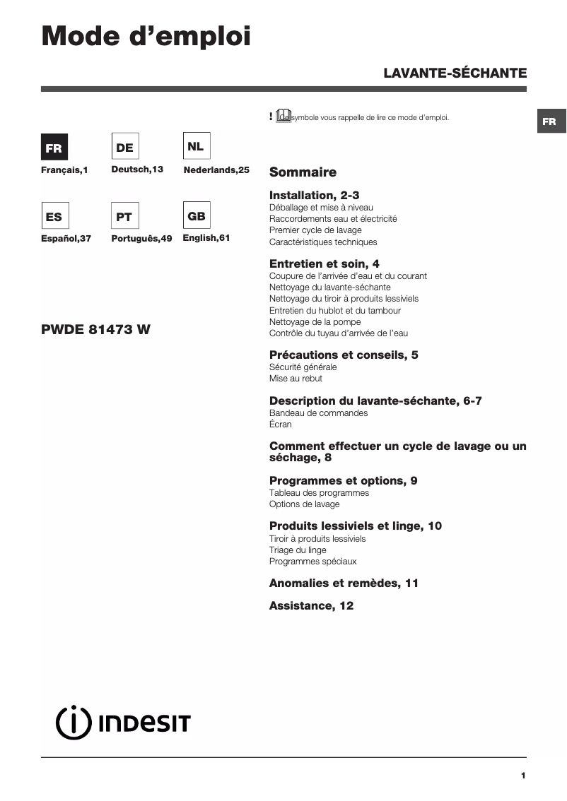 Page n°1 - Manuel utilisateur Indesit PWDE 81473 W