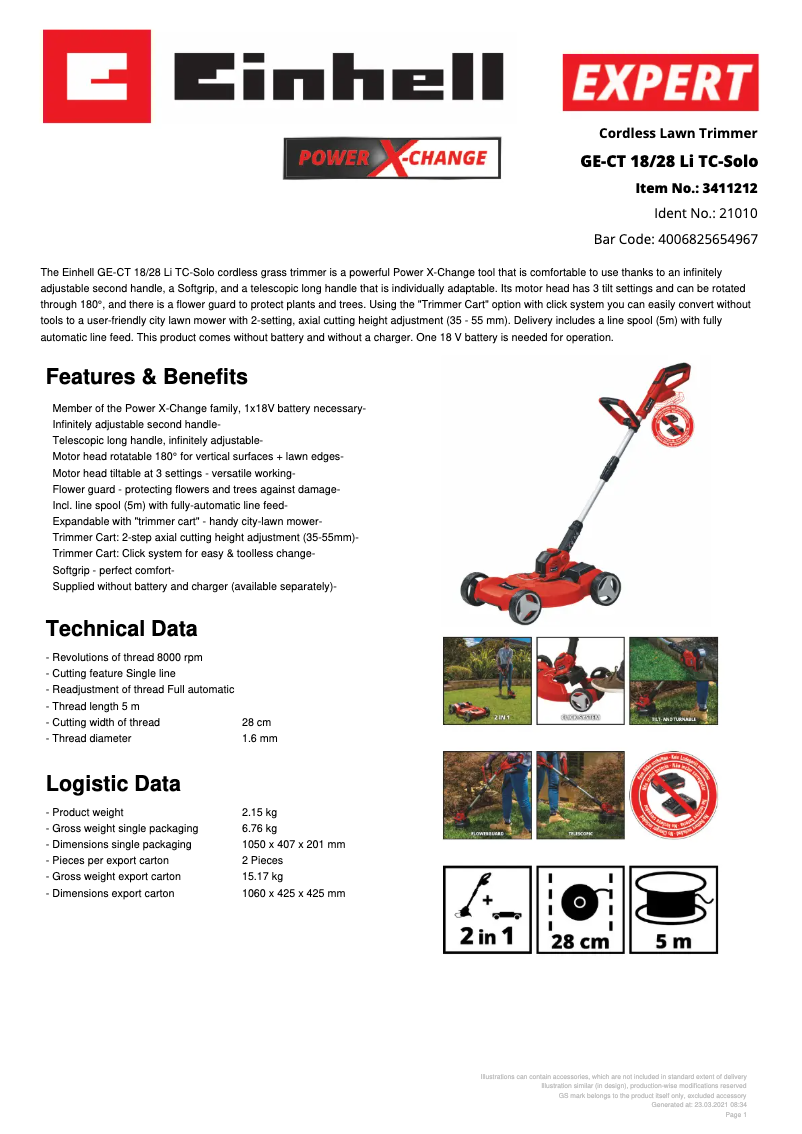 Page n°1 - Fiche technique Einhell GE-CT 18/28 Li TC