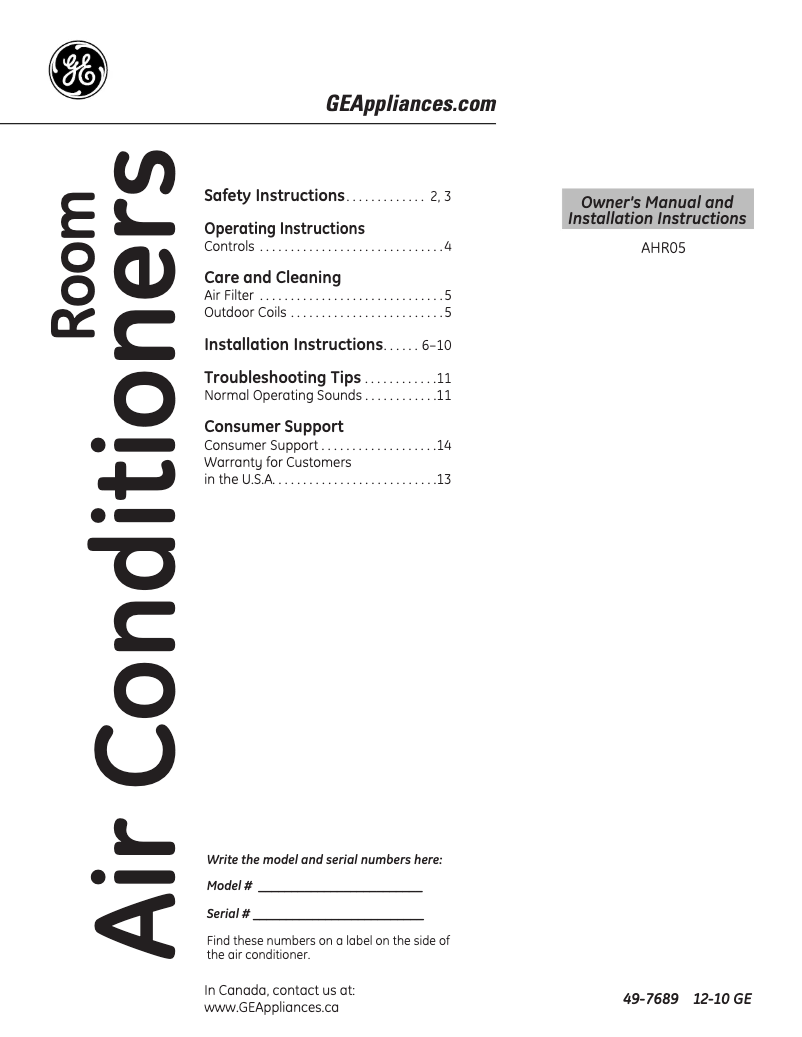 Page 1 de la notice Guide d'installation GE AHR05LP