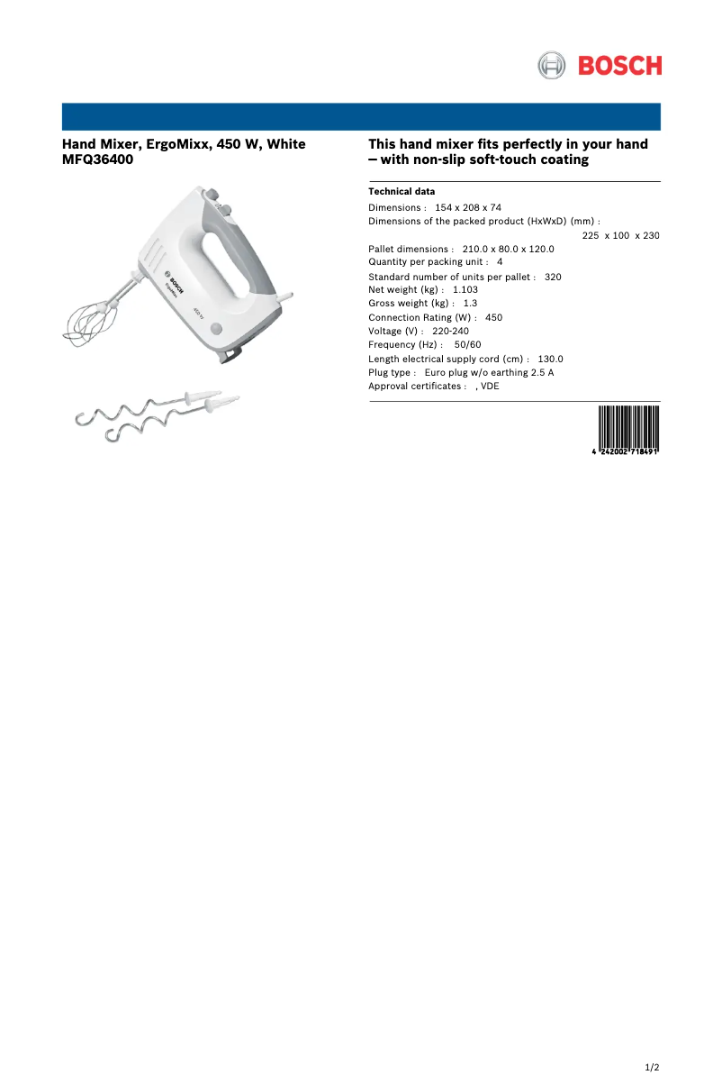Page 1 de la notice Fiche technique Bosch ErgoMixx MFQ36400