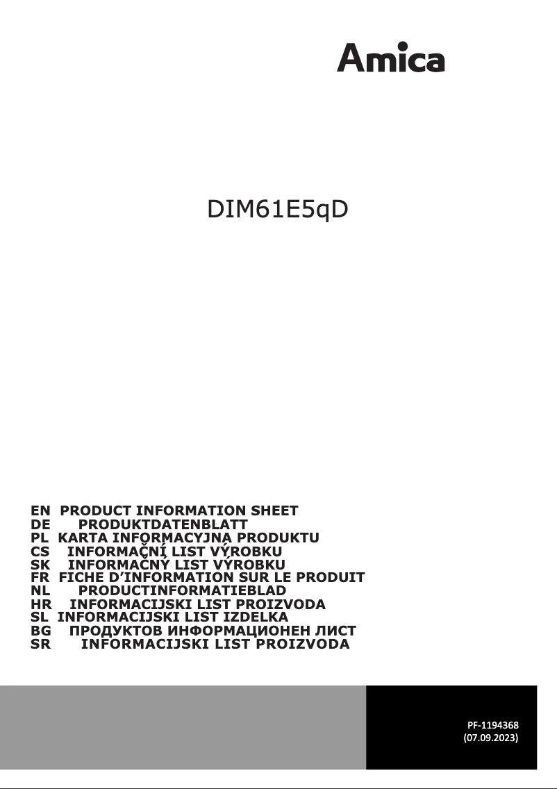 Page 1 de la notice Fiche technique Amica DIM61E5qD