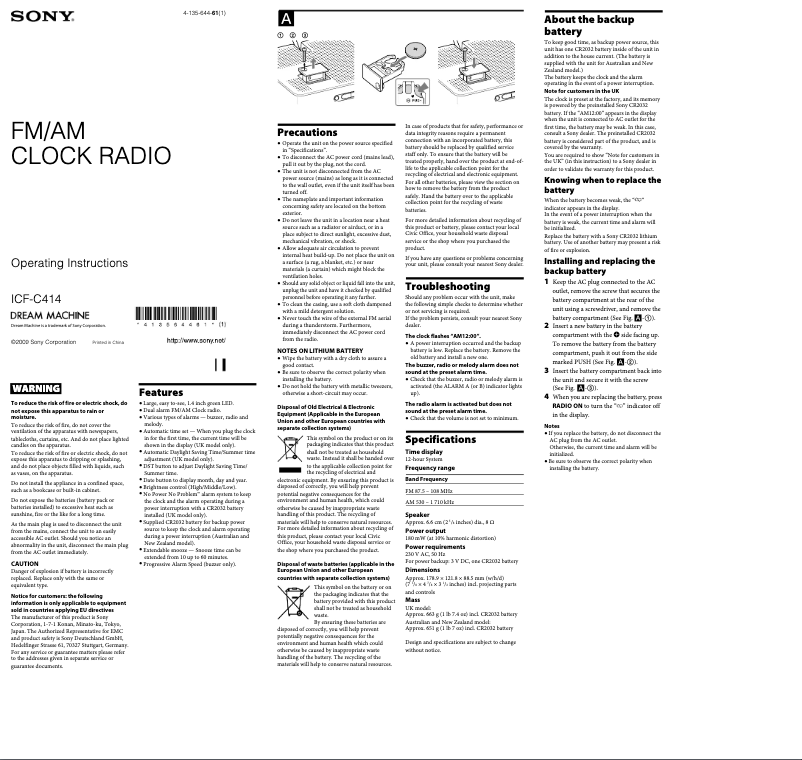 Page 1 de la notice Manuel utilisateur Sony ICF-C414S