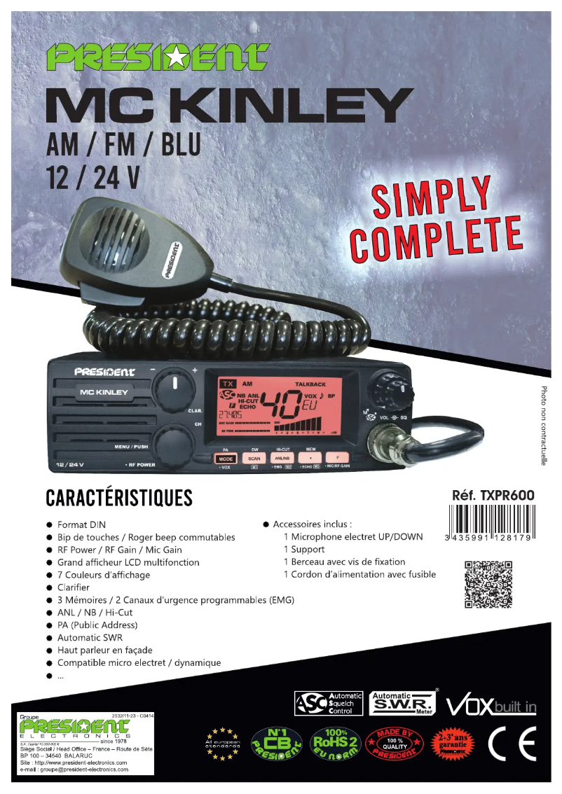 Page 1 de la notice Fiche technique President Mc Kinley