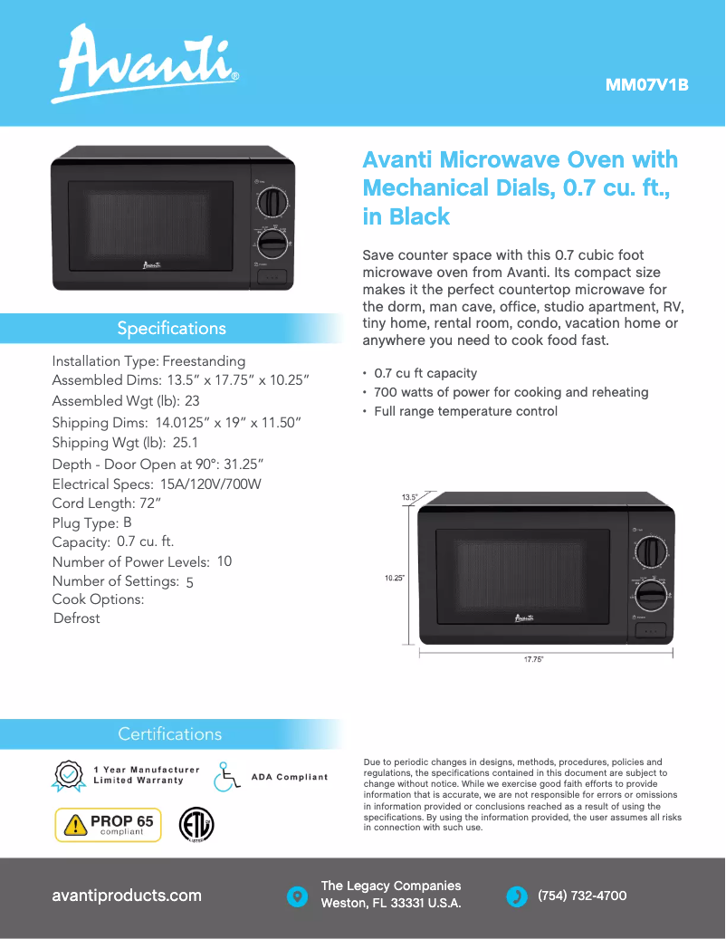 Page 1 de la notice Fiche technique Avanti MM07V1B