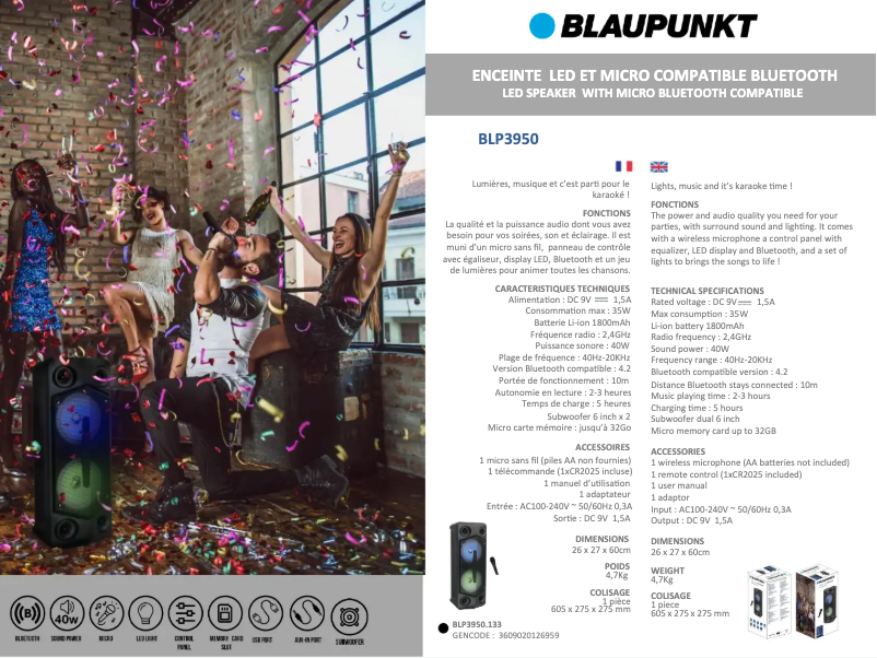 Page 1 de la notice Fiche technique Blaupunkt BLP3950