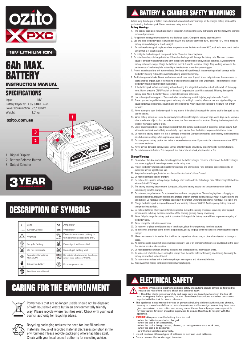 Page 1 de la notice Manuel utilisateur Ozito PXUBP-460