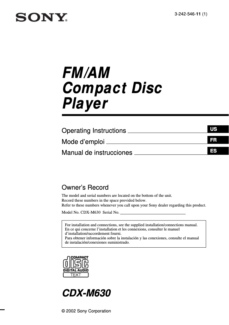 Page n°1 - Manuel utilisateur Sony CDX-M630
