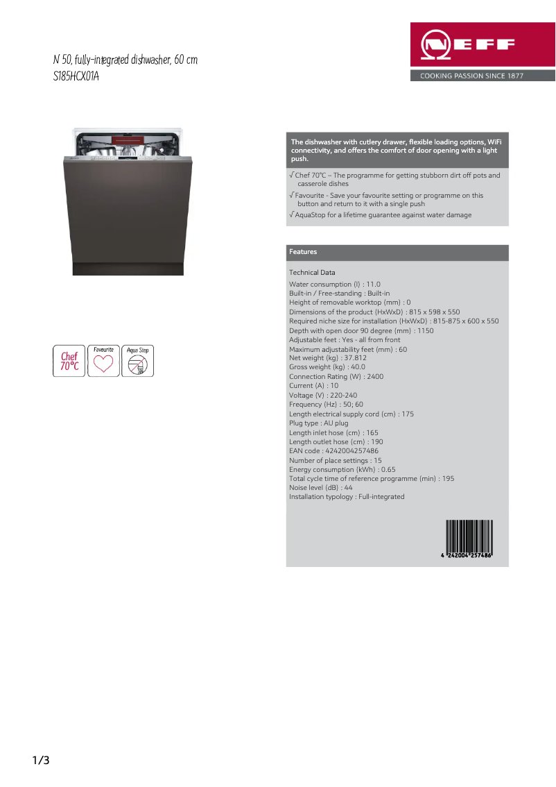 Page 1 de la notice Fiche technique Neff N 50 S185HCX01A