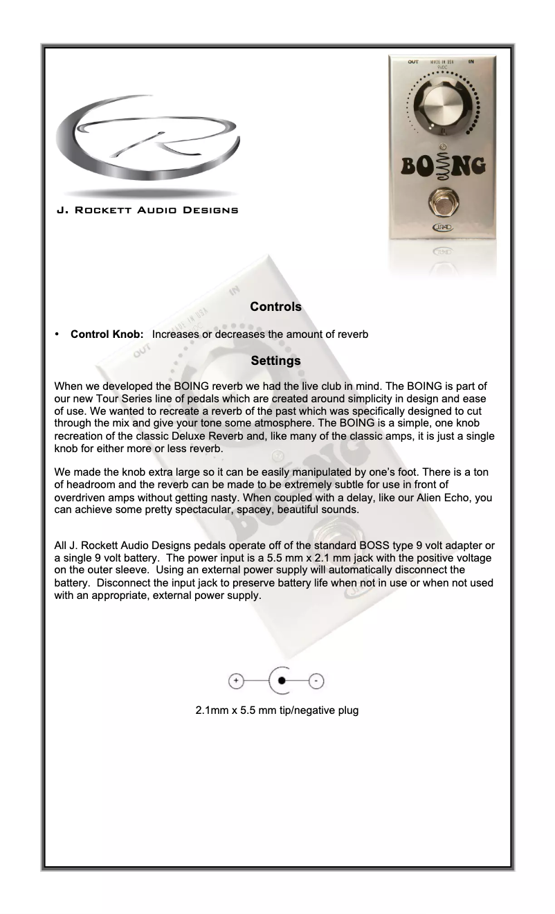 Page 1 de la notice Manuel utilisateur J. Rockett Audio Designs Boing