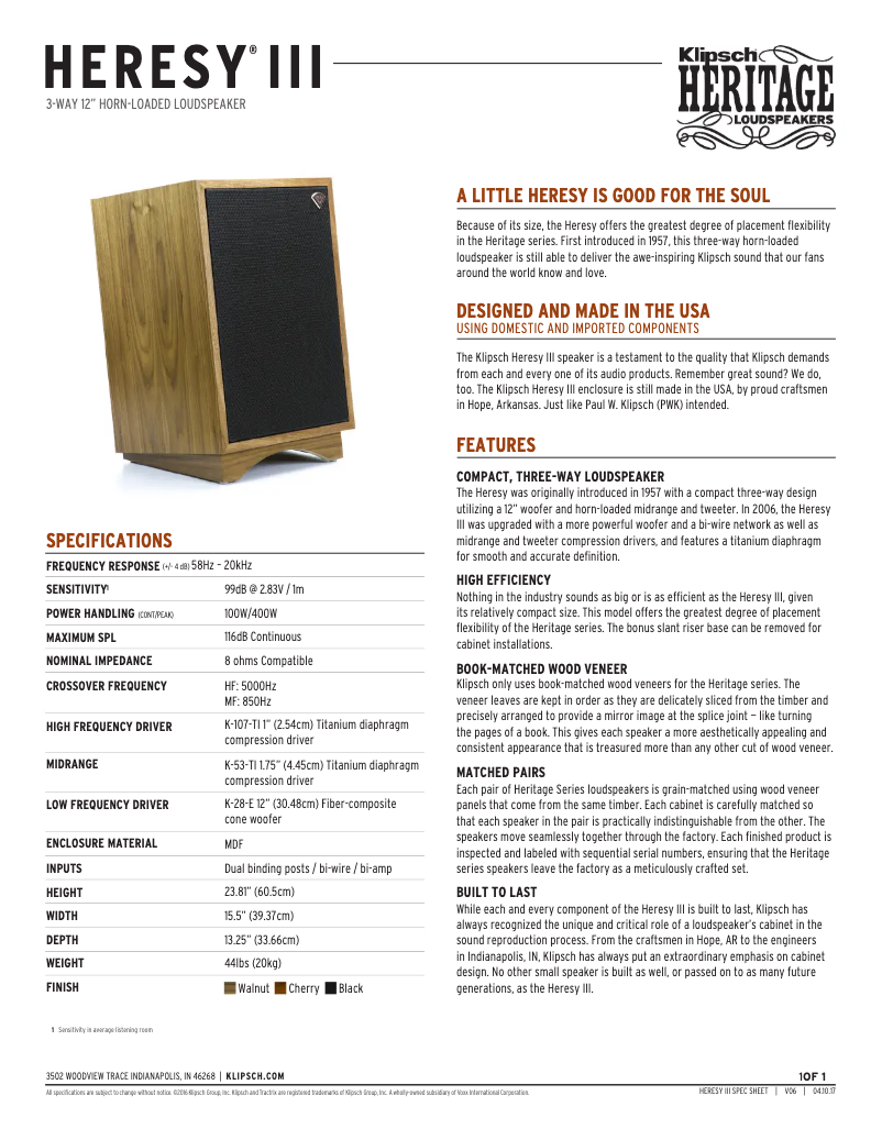 Page 1 de la notice Fiche technique Klipsch Heritage Heresy III