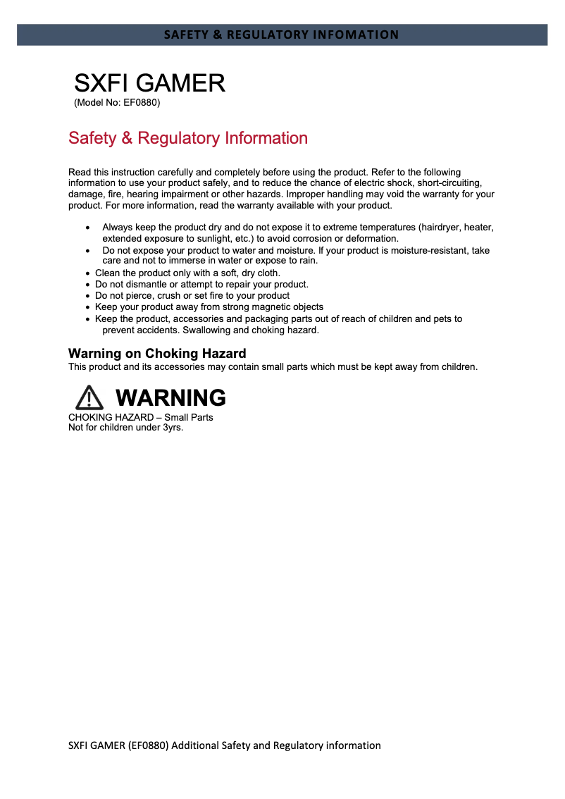Page 1 de la notice Instructions de sécurité Creative SXFI Gamer
