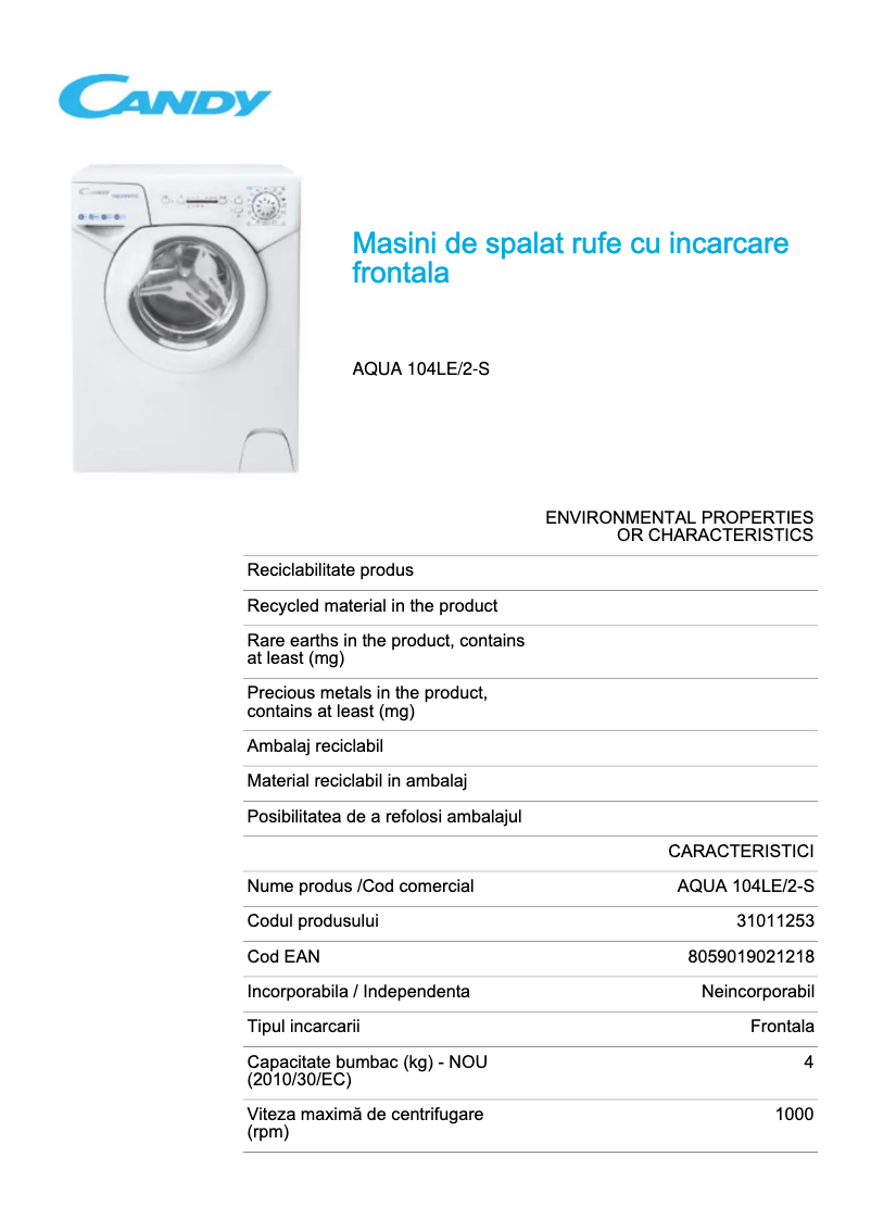 Page 1 de la notice Fiche technique Candy AQUA 104LE/2-S