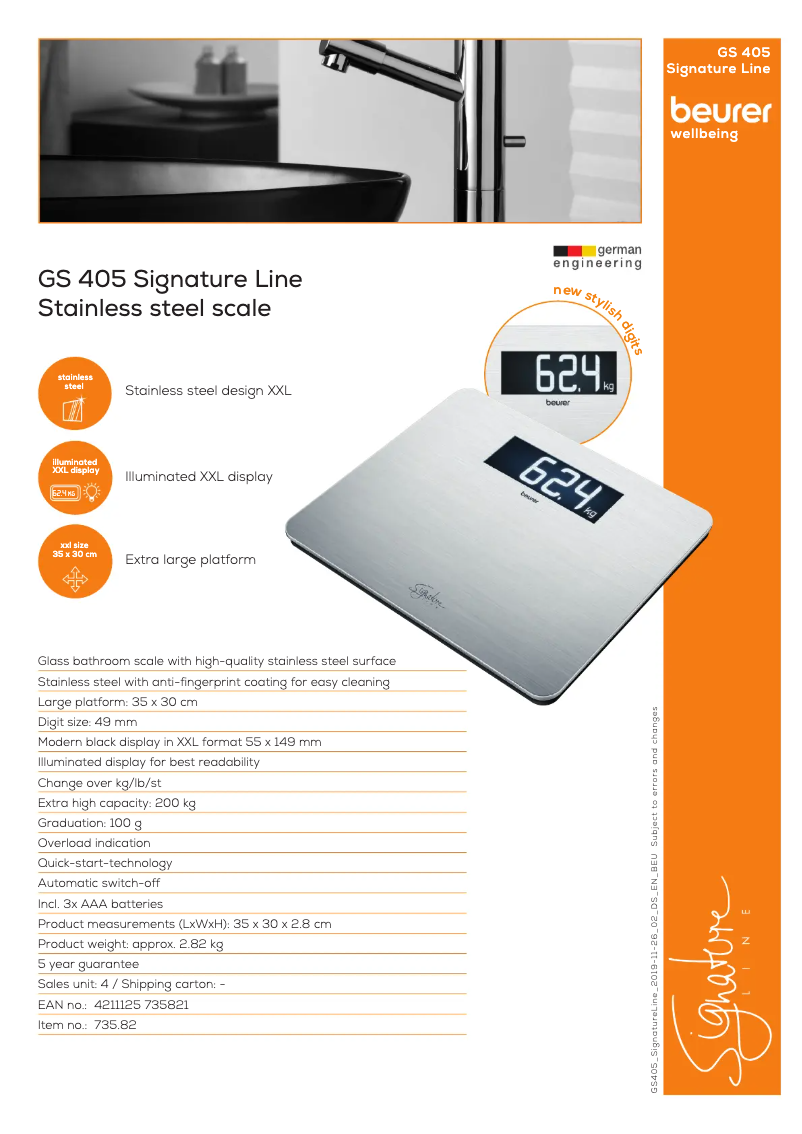 Page 1 de la notice Fiche technique Beurer GS 405 Signature Line