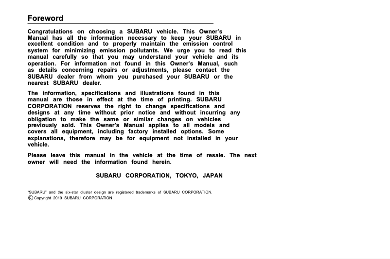 Page 1 of the manual Instruction Manual Subaru Crosstrek Hybrid (2020)