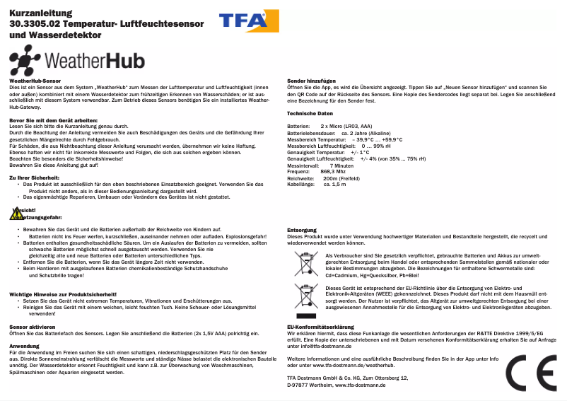 Page n°1 - Manuel utilisateur TFA 30.3305.02